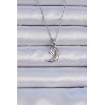 316L Çelik Zincir Gümüş Renk Zirkon Taşlı Sallantılı Ay Yıldız Kolye