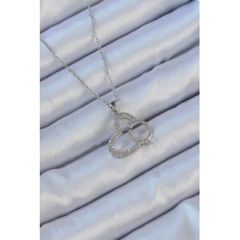 316L Çelik Zincir Gümüş Renk Zirkon Taşlı Yüzüklü Kalp Kolye