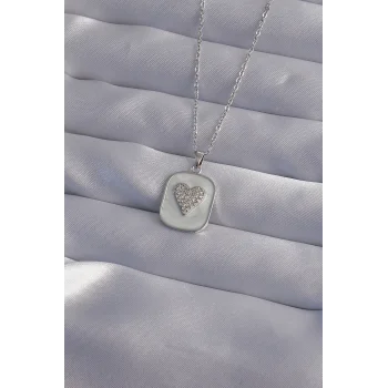 316L Çelik Zincir Mermer Desenli Gümüş Renk Zirkon Taşlı Kalp Model Kolye