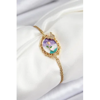 316L Çelik Zincir Mineli Sanatsal Portre Zirkon Taşlı Kelebek Detaylı Çiçek Model Gold Renk Kadın Bileklik