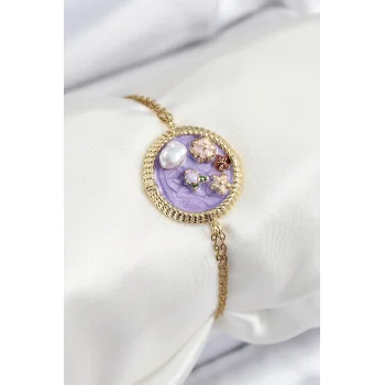 316L Çelik Zincir Mor Mineli Sanatsal Portre İnci Detaylı Çiçek Model Gold Renk Kadın Bileklik