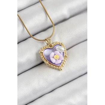 316L Çelik Zincir Mor Sanatsal Portre İnci Detaylı Papatya Figürlü Kalp Model Gold Renk Kadın Kolye