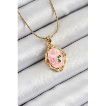 316L Çelik Zincir Pembe Sanatsal Portre İnci Detaylı Gül Figürlü Model Gold Renk Kadın Kolye