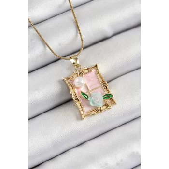 316L Çelik Zincir Pembe Sanatsal Portre İnci Detaylı Gül Figürlü Model Gold Renk Kadın Kolye