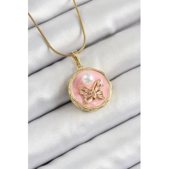 316L Çelik Zincir Zirkon Taşlı Pembe Sanatsal Portre İnci Detaylı Kelebek Model Gold Renk Kadın Kolye