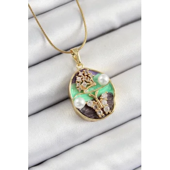 316L Çelik Zincir Zirkon Taşlı Yeşil Mor Sanatsal Portre İnci Detaylı Ağaç Ve Kelebek Figürlü Model Gold Renk Kadın Kolye