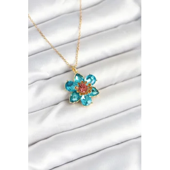316L Çelik Zincirli Mavi Çiçek Model Kadın Kolye