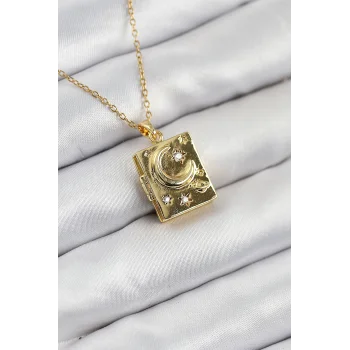 316L Çelik Zirkon Taşlı Açılabilr Kapaklı Kitap Model Gold Renk Kadın Kolye