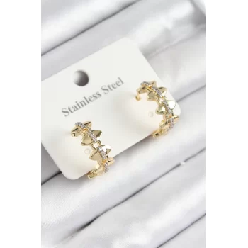 316L Çelik Zirkon Taşlı Çit Halka Model Gold Renk Kadın Küpe