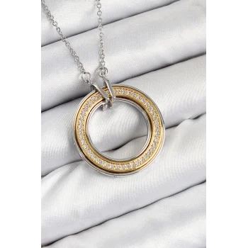 316L Çelik Zirkon Taşlı Dönen Daire Model Gold Ve Gümüş Renk Kadın Kolye