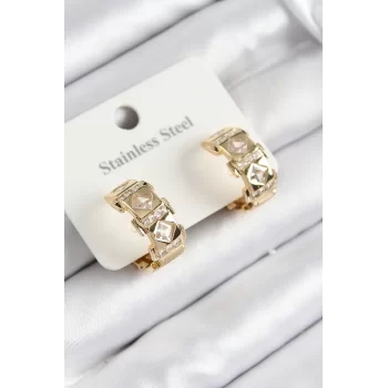 316L Çelik Zirkon Taşlı Halka Model Gold Renk Kadın Küpe