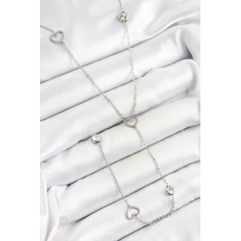 316L Çelik Zirkon Taşlı Kalp Figürlü Y Model Gümüş Renk Kadın Kolye