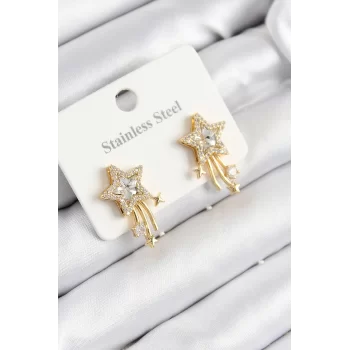 316L Çelik Zirkon Taşlı Kayan Yıldız Model Gold Renk Kadın Küpe