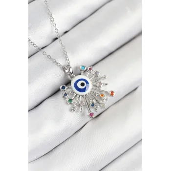 316L Çelik Zirkon Taşlı Nazar Model Gümüş Renk Kadın Kolye