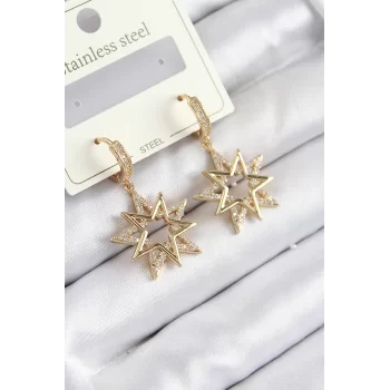 316L Çelik Zirkon Taşlı Sallantılı Yıldız Model Gold Renk Kadın Küpe