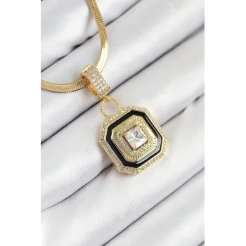 316L Çelik Zirkon Taşlı Siyah Detaylı Baget Model Gold Renk Kadın Kolye