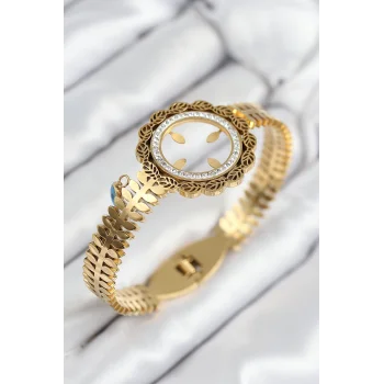 316L Çelik Zirkon Taşlı  Takılabilir Gold Renk Kelepçe