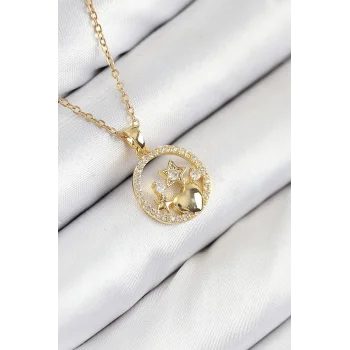 316L Çelik Zirkon Taşlı Yıldız Ve Kalp Model Gold Renk Kadın Kolye