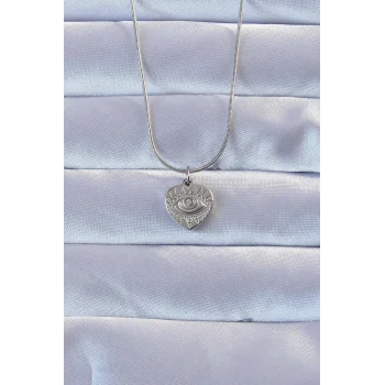 316L Gümüş Renk Zirkon Taşlı İşlemeli Göz Detay Kalp Kolye