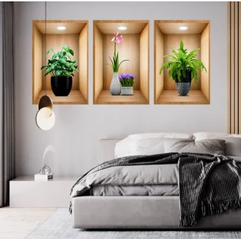 3D Çiçek Vazo Duvar Sticker 3 lü Set Kahverengi Fon (5047)