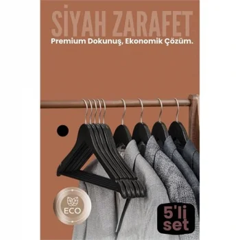 5li Lüks Siyah Elbise Ceket Askısı - Ergonomik & Kaymaz Plastik Askı Seti - Ahşap Görünümlü