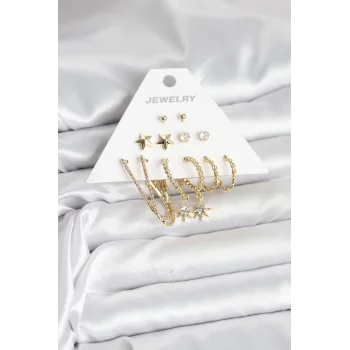6 Çift Kadın Küpe Seti Gold Renk