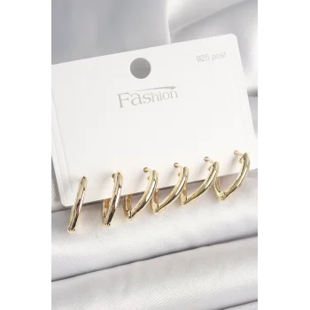 925 Ayar Gümüş Çivi Pirinç Gold Renk Üçgen Model Kadın Küpe Seti