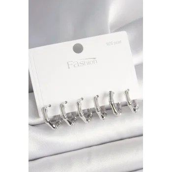 925 Ayar Gümüş Çivi Pirinç Gümüş Renk Bambu Halka Model Kadın Küpe Seti