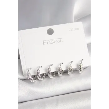 925 Ayar Gümüş Çivi Pirinç Gümüş Renk İşlemeli Halka Model Kadın Küpe Seti