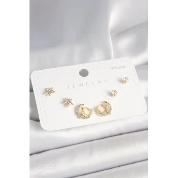 925 Ayar Gümüş Çivi Zirkon Taşlı Hilal Yıldız Model Kadın Küpe Seti