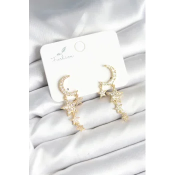 Ay ve Yıldız Model Gold Renk Pirinç Kadın Küpe