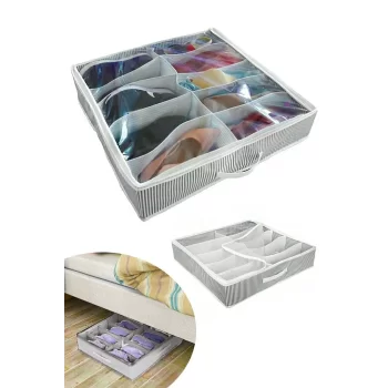 Ayakkabı Saklama Çantası 10 Bölmeli Shoes Under Ayakkabı Hurcu - Siyah Beyaz (5047)