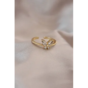 Ayarlamalı Altın Renk Metal Zirkon Taş ve Kristal Taşlı Kelebek Model Yüzük