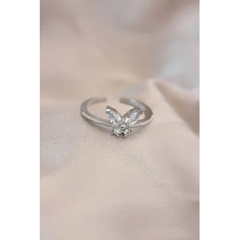 Ayarlamalı Gümüş Renk Metal Zirkon Taş ve Kristal Taşlı Kelebek Model Yüzük