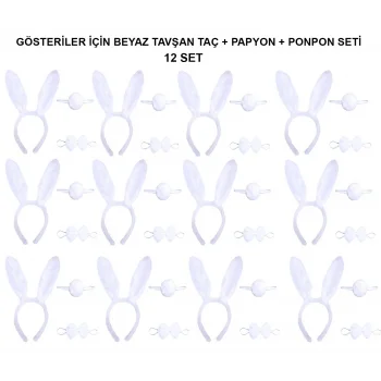 Beyaz Tavşan Kostüm Seti – Taç, Papyon, Kuyruk (12’li Paket) (5047)