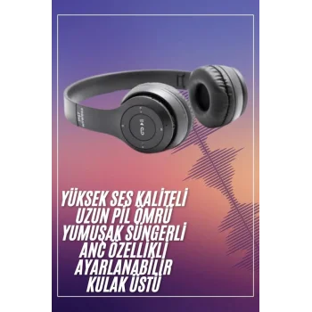 Bluetooth Kablosuz Kulaklık Siyah Wireless 5.0 Kulak Üstü Uzun Pil Ömrü
