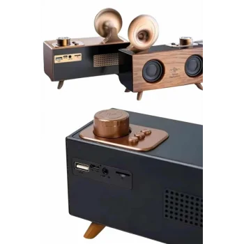 Bluetooth Nostalji Speaker Radyo Gramofon Ahşap Renk Vintage