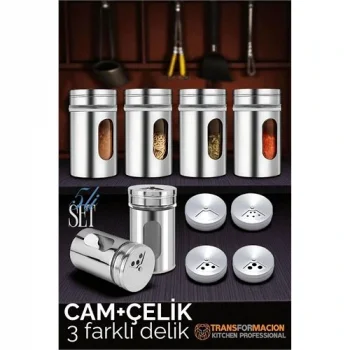Cam+Çelik Tuzluk Biberlik Karabiberlik 3 Farklı Delikli 5 li SET