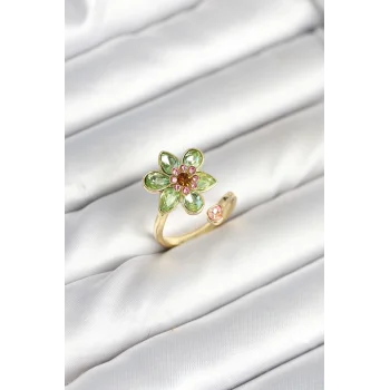 Çiçek Model Yeşil Pirinç Gold Renk Yüzük