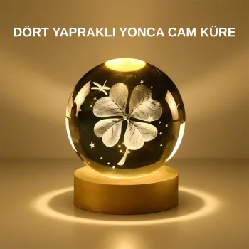 Dekoratif Yonca Görünümlü Işıklı Kristal Cam Küre USB Masa Gece Lambası