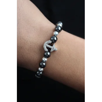 Doğal Taş Çapa Model Gümüş Ve Füme Renk Asansörlü Erkek Bileklik