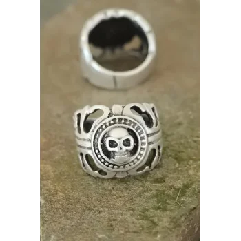 Eskitme Gümüş Renk Metal Kuru Kafa Tasarım Ayarlamalı Erkek Yüzük