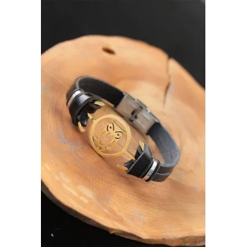 Gold Renk Baykuşlu Metal Aksesuarlı Siyah Renk Deri Erkek Bileklik