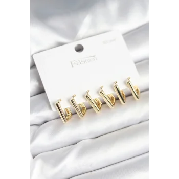 Gold Renk Kare Model Pirinç 925 Ayar Gümüş Çivili Kadın Küpe Seti