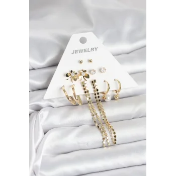Gold Renk Pirinç 6lı Kadın Küpe Seti