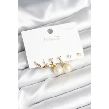 Gold Renk Pirinç 925 Ayar Gümüş Çivili Kadın Küpe Seti