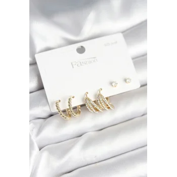 Gold Renk Pirinç 925 Ayar Gümüş Çivili Kadın Küpe Seti