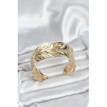 Gold Renk Pirinç Levha Yaprak Model Kadın Bileklik