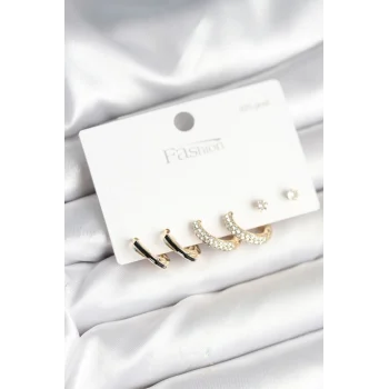 Gold Renk Pirinç Zirkon Taşlı 925 Ayar Gümüş Çivili Kadın Küpe Seti