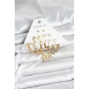 Gold Renk Yıldızlı Set 6 Çift Kadın Küpe Seti